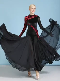 Costumes de danse de salon vert foncé pour femmes robe Sexy transparente en velours à col montant robe de danse à plusieurs niveaux