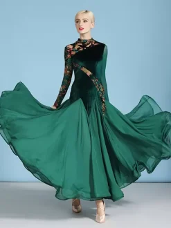 Costumes de danse de salon vert foncé pour femmes robe Sexy transparente en velours à col montant robe de danse à plusieurs niveaux