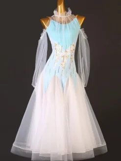 Costumes de danse de salon bleu ciel clair femmes élégantes Lycra Spandex col haut dos nu volants robe robe de danse