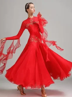 Costumes de danse de salon rose femmes Sexy col montant robe en Polyester fleurs paillettes vêtements de danse extensibles