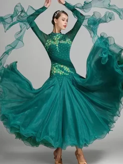 Costumes de danse de salon rose femmes Sexy col montant robe en Polyester fleurs paillettes vêtements de danse extensibles