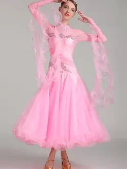Costumes de danse de salon rose femmes Sexy col montant robe en Polyester fleurs paillettes vêtements de danse extensibles