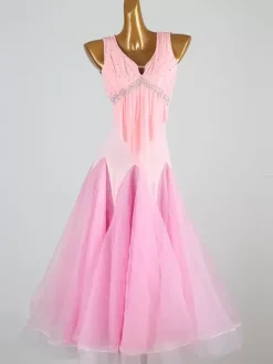 Costumes de danse de salon rose femmes élégant Lycra Spandex col en v paillettes robe robe de danse