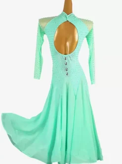 Costumes de danse de salon vert menthe femmes Lycra Spandex ensemble robe strass robe de danse