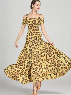 Costumes de danse de salon Sarcelle femme Sexy Polyester imprimé fleuri bretelles cou robe robe de danse