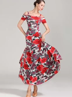 Costumes de danse de salon Sarcelle femme Sexy Polyester imprimé fleuri bretelles cou robe robe de danse
