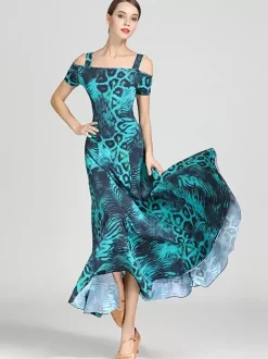 Costumes de danse de salon Sarcelle femme Sexy Polyester imprimé fleuri bretelles cou robe robe de danse