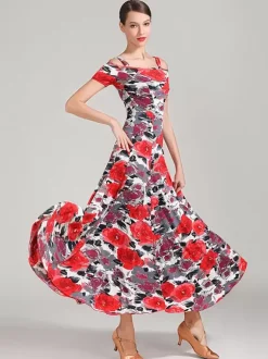 Costumes de danse de salon Sarcelle femme Sexy Polyester imprimé fleuri bretelles cou robe robe de danse