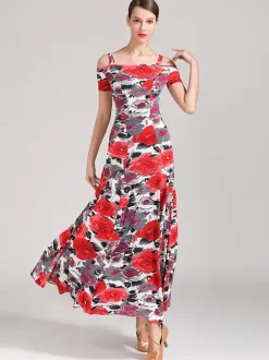 Costumes de danse de salon Sarcelle femme Sexy Polyester imprimé fleuri bretelles cou robe robe de danse