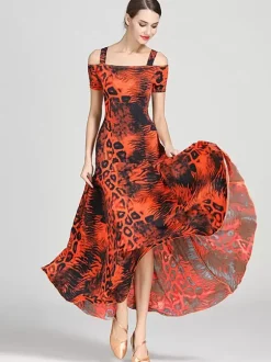 Costumes de danse de salon Sarcelle femme Sexy Polyester imprimé fleuri bretelles cou robe robe de danse