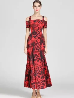 Costumes de danse de salon Sarcelle femme Sexy Polyester imprimé fleuri bretelles cou robe robe de danse