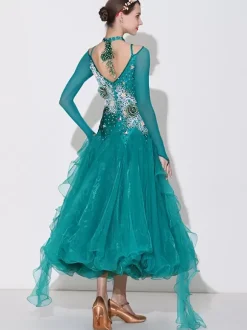 Costumes de danse de salon vert femmes Sexy Transparente col Bateau robe en Polyester fleurs strass vêtements de danse en couches