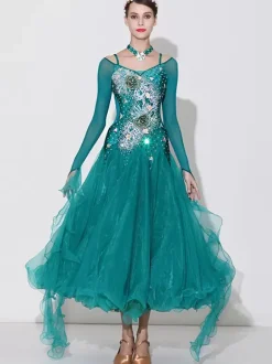 Costumes de danse de salon vert femmes Sexy Transparente col Bateau robe en Polyester fleurs strass vêtements de danse en couches
