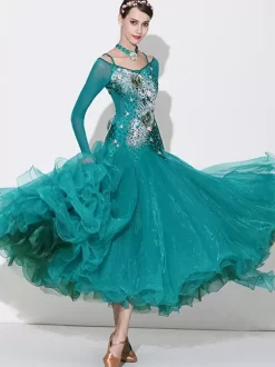Costumes de danse de salon vert femmes Sexy Transparente col Bateau robe en Polyester fleurs strass vêtements de danse en couches