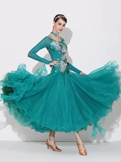 Costumes de danse de salon vert femmes Sexy Transparente col Bateau robe en Polyester fleurs strass vêtements de danse en couches