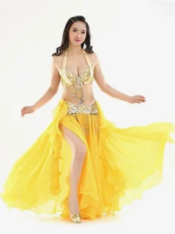 Costumes de Danse du Ventre Strass scindés Ruffle en Mousseline de Soie Performance Femmes Costume Déguisements Halloween