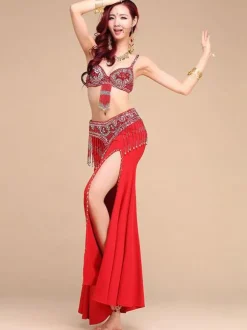 Costumes de danse du ventre femme rose rouge perles haute costume de performance de danse du ventre Déguisements Halloween