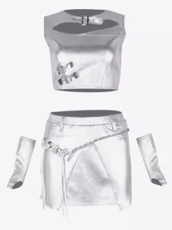Costumes de danse jazz Ensemble haut et jupe en polyester argenté pour femmes