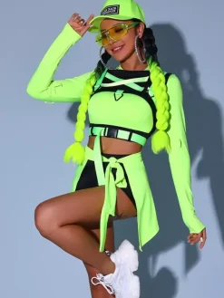 Costumes de danse Jazz femmes en Polyester top Mini jupe pantalon à ceinture ensemble de danse