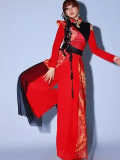 Costumes de danse rouge pour femmes ensemble de vêtements de danse de style chinois à col haut de jazz