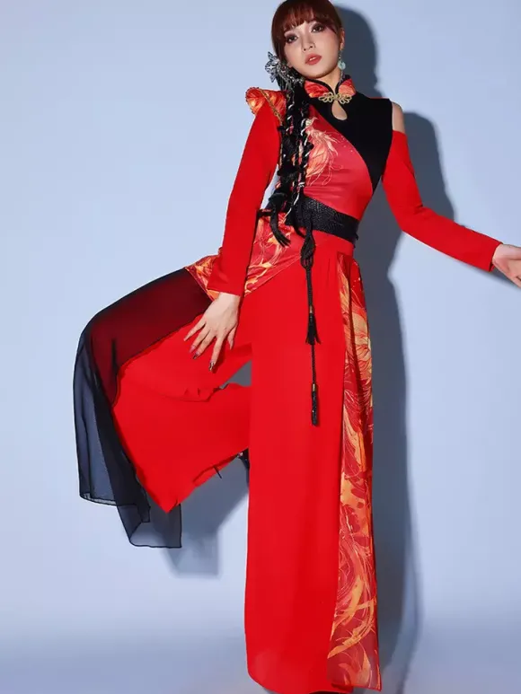 Costumes de danse rouge pour femmes ensemble de vêtements de danse de style chinois à col haut de jazz