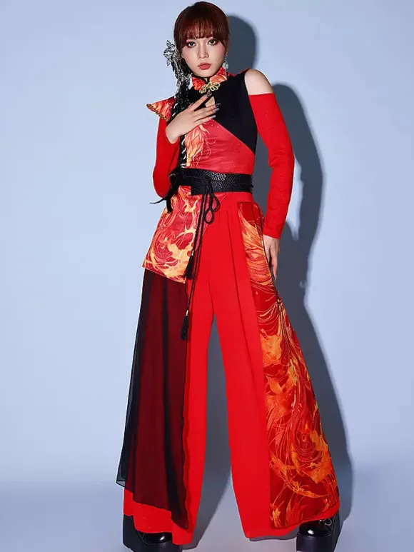 Costumes de danse rouge pour femmes ensemble de vêtements de danse de style chinois à col haut de jazz