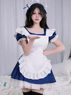 Costumes De Soubrette Déguisement Couvre-Chef Robe Tablier Ensemble De 3 Pièces