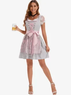 Costumes d'Halloween Bleu ciel clair Robe rétro à imprimé floral pour adultes Ceinture en polyester Costumes de vacances pour les fêtes