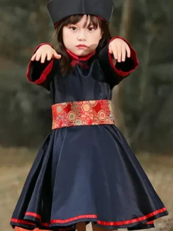 Costumes d'Halloween pour enfants Ensemble de polyester noir Halloween pour enfants Robe et chapeau
