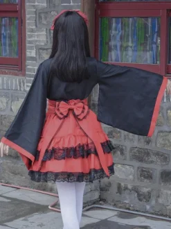Costumes Lolita de Style Japonais Robes Lolita Polyester Volants Kimono Manches Longues Noir