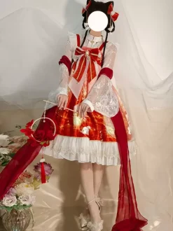 Costumes Lolita de style japonais Robes Lolita Volants en polyester Imprimé rouge Kimono JSK