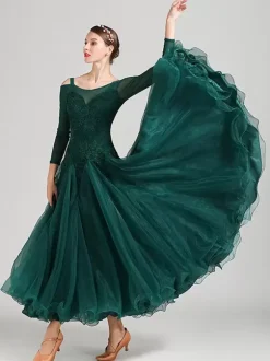 Costumes robe de danse de salon vert foncé femmes élégant Polyester dentelle col bateau dentelle volants soirée