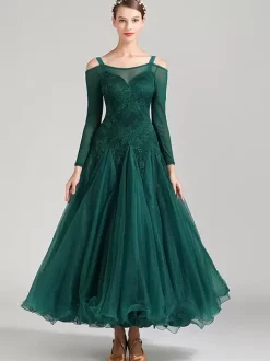 Costumes robe de danse de salon vert foncé femmes élégant Polyester dentelle col bateau dentelle volants soirée