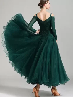 Costumes robe de danse de salon vert foncé femmes élégant Polyester dentelle col bateau dentelle volants soirée