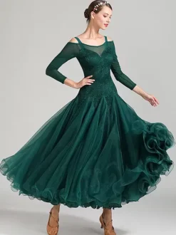 Costumes robe de danse de salon vert foncé femmes élégant Polyester dentelle col bateau dentelle volants soirée