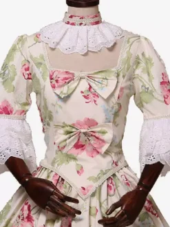 Costumes rétro abricot clair femmes imprimé floral n艙uds volants Costume Marie Antoinette tunique en polyester robe ras du cou vêtements rétro Vintage