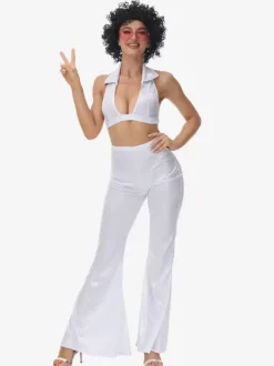 Costumes Rétro Blancs Pantalons En Polyester Ensemble Femme Costume Vintage 1970s Déguisement