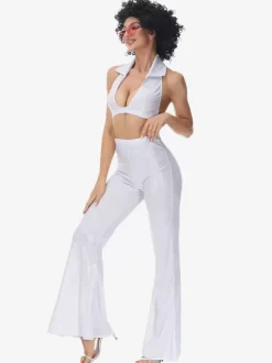 Costumes Rétro Blancs Pantalons En Polyester Ensemble Femme Costume Vintage 1970s Déguisement