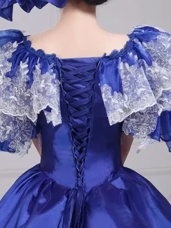 Costumes rétro bleus avec n艙uds et chapeau en polyester pour femmes ensemble de costumes rétro Marie-Antoinette vêtements vintage
