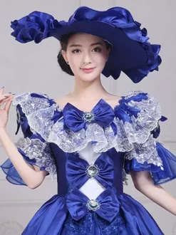 Costumes rétro bleus avec n艙uds et chapeau en polyester pour femmes ensemble de costumes rétro Marie-Antoinette vêtements vintage