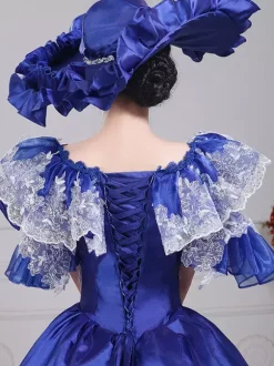Costumes rétro bleus avec n艙uds et chapeau en polyester pour femmes ensemble de costumes rétro Marie-Antoinette vêtements vintage