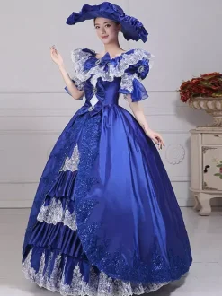Costumes rétro bleus avec n艙uds et chapeau en polyester pour femmes ensemble de costumes rétro Marie-Antoinette vêtements vintage