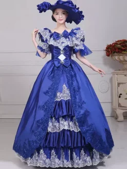 Costumes rétro bleus avec n艙uds et chapeau en polyester pour femmes ensemble de costumes rétro Marie-Antoinette vêtements vintage