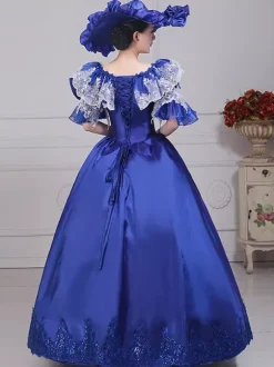 Costumes rétro bleus avec n艙uds et chapeau en polyester pour femmes ensemble de costumes rétro Marie-Antoinette vêtements vintage