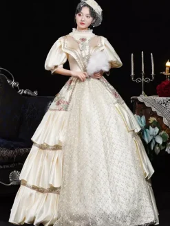 Costumes rétro champagne fleurs polyester imprimé floral robe de costume Marie Antoinette vêtements rétro vintage pour femmes