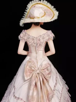 Costumes rétro champagne pour femmes imprimé floral volants n艙uds costume Marie Antoinette ensemble en polyester robe chapeau robe de bal rétro