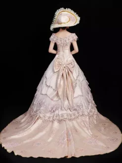 Costumes rétro champagne pour femmes imprimé floral volants n艙uds costume Marie Antoinette ensemble en polyester robe chapeau robe de bal rétro