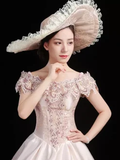 Costumes rétro champagne pour femmes imprimé floral volants n艙uds costume Marie Antoinette ensemble en polyester robe chapeau robe de bal rétro