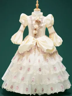 Costumes rétro champagne pour fille tunique en polyester à imprimé floral en dentelle avec chapeau style européen