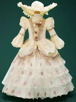 Costumes rétro champagne pour fille tunique en polyester à imprimé floral en dentelle avec chapeau style européen